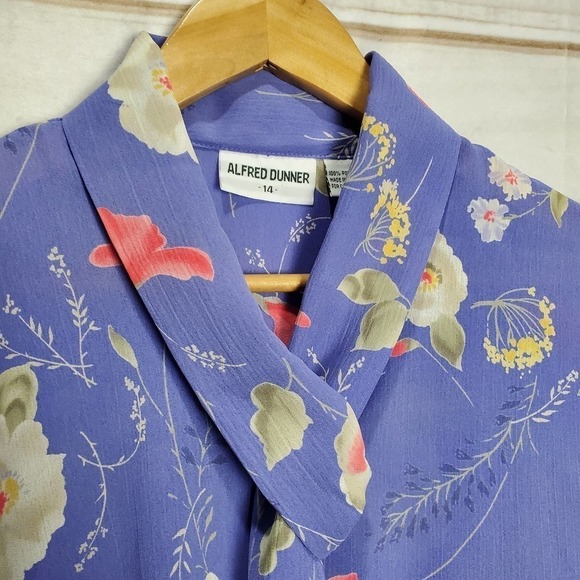 Vintage Alfred Dunner Blouse Womens 14 90s Purple Button Tie Floral Collar Retro - Picture 5 of 8